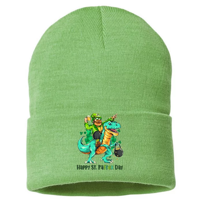 Funny Happy St. PaTREX Day Leprechaun Riding Trex Dinosaur Sustainable Knit Beanie