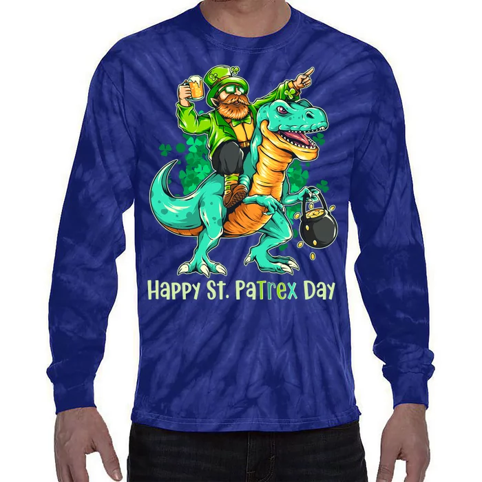 Funny Happy St. PaTREX Day Leprechaun Riding Trex Dinosaur Tie-Dye Long Sleeve Shirt