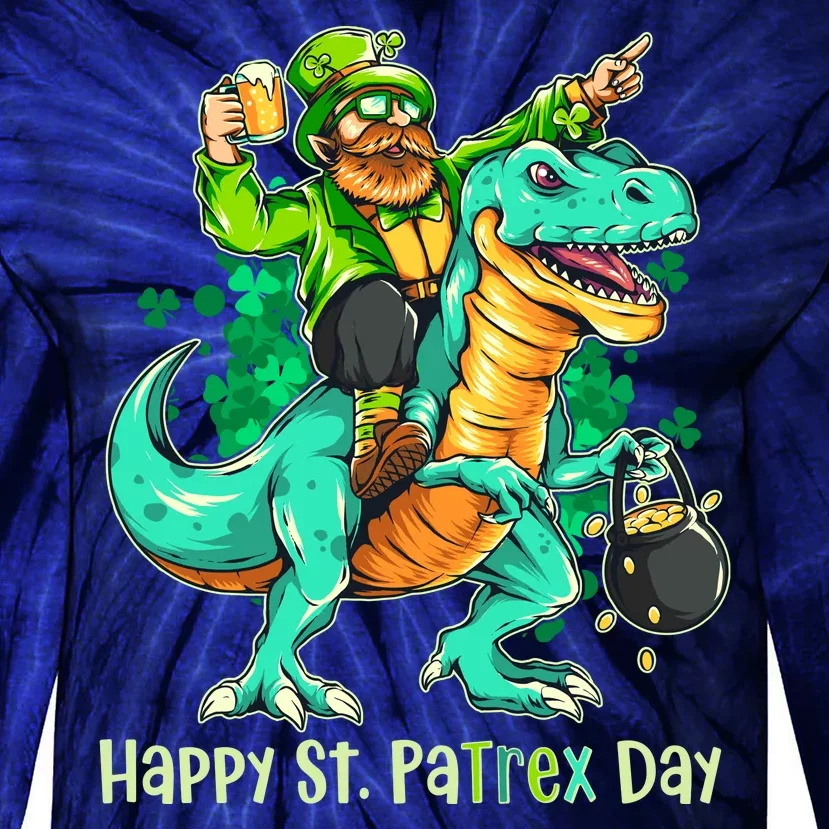 Funny Happy St. PaTREX Day Leprechaun Riding Trex Dinosaur Tie-Dye Long Sleeve Shirt