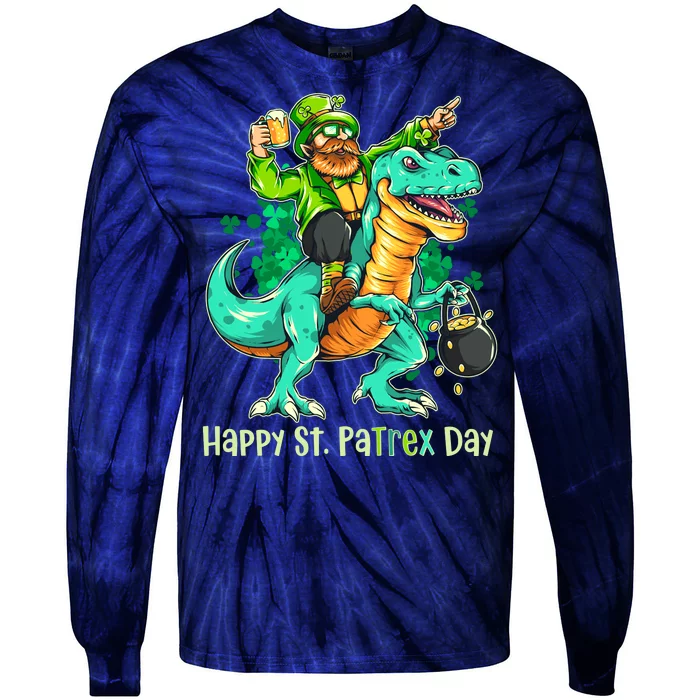 Funny Happy St. PaTREX Day Leprechaun Riding Trex Dinosaur Tie-Dye Long Sleeve Shirt