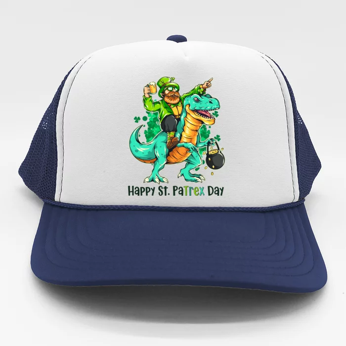 Funny Happy St. PaTREX Day Leprechaun Riding Trex Dinosaur Trucker Hat