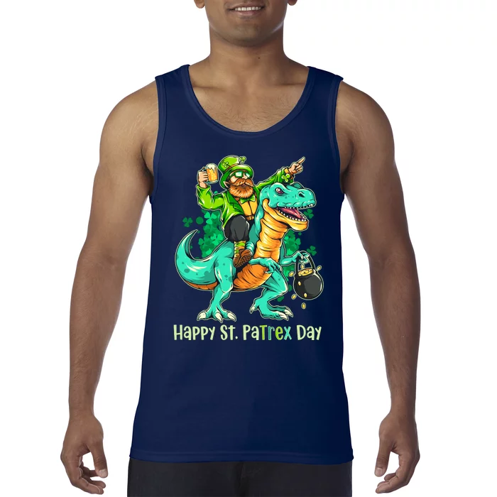 Funny Happy St. PaTREX Day Leprechaun Riding Trex Dinosaur Tank Top