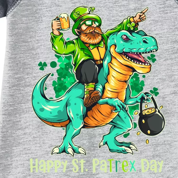 Funny Happy St. PaTREX Day Leprechaun Riding Trex Dinosaur Infant Baby Jersey Bodysuit