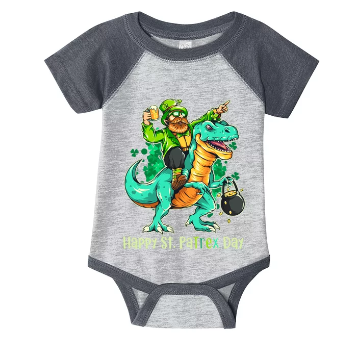 Funny Happy St. PaTREX Day Leprechaun Riding Trex Dinosaur Infant Baby Jersey Bodysuit