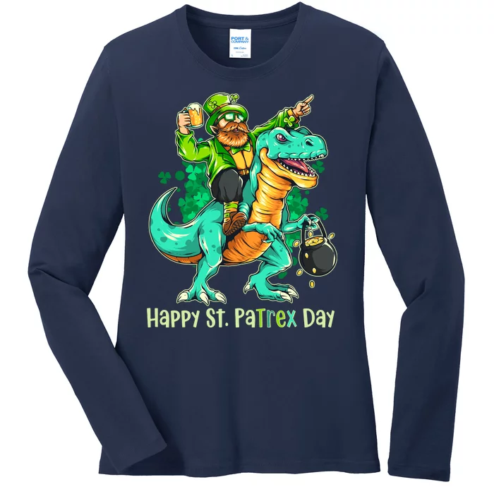 Funny Happy St. PaTREX Day Leprechaun Riding Trex Dinosaur Ladies Long Sleeve Shirt