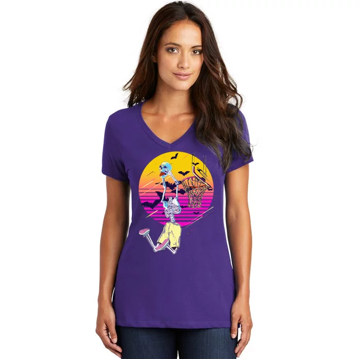 Funny Halloween Skeleton Basketball Player Dunking Skull Women's V-Neck T-Shirt