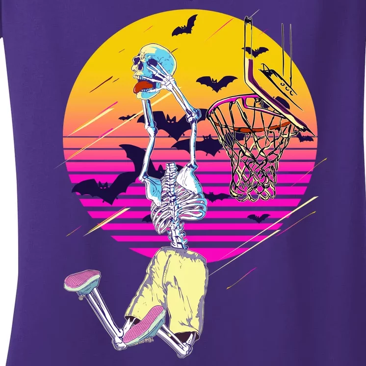 Funny Halloween Skeleton Basketball Player Dunking Skull Women's V-Neck T-Shirt