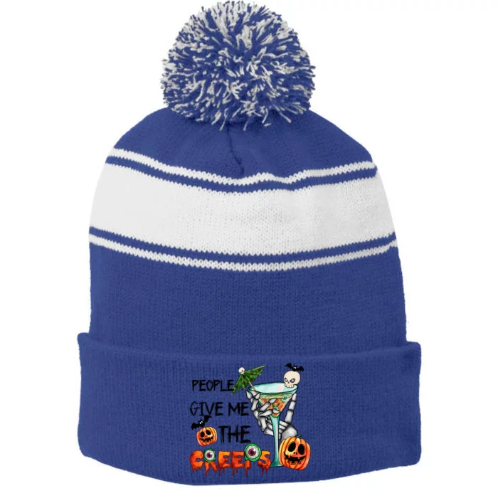 Funny Halloween Skeleton Hand Fall People Give Me The Creeps Halloween Gift Stripe Pom Pom Beanie