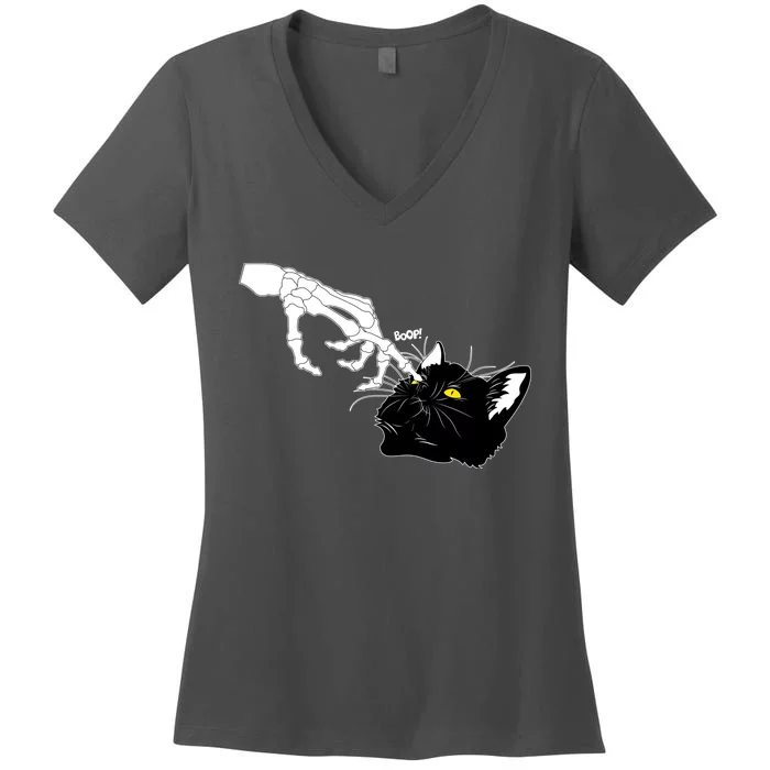 Funny Halloween Skeleton Boop Kitten Cat Nose Women's V-Neck T-Shirt