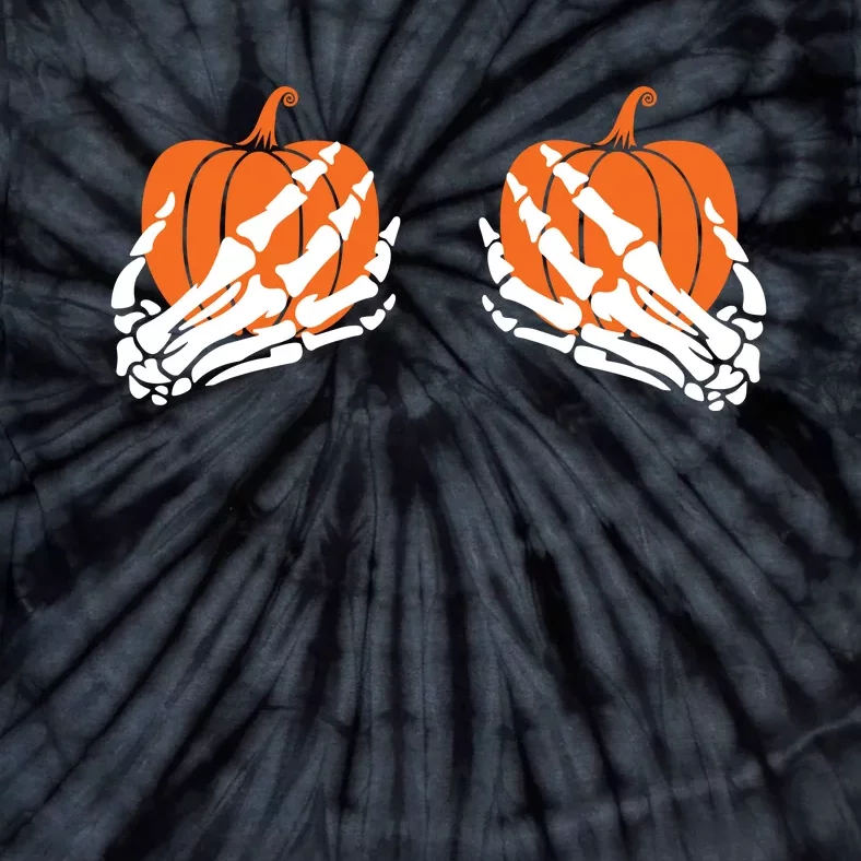 Funny Halloween Skeleton Hands On Chest Pumpkin Boobs Tie-Dye T-Shirt