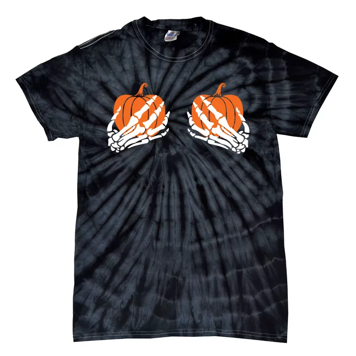 Funny Halloween Skeleton Hands On Chest Pumpkin Boobs Tie-Dye T-Shirt