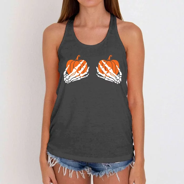 Funny Halloween Skeleton Hands On Chest Pumpkin Boobs Women's Knotted Racerback Tank