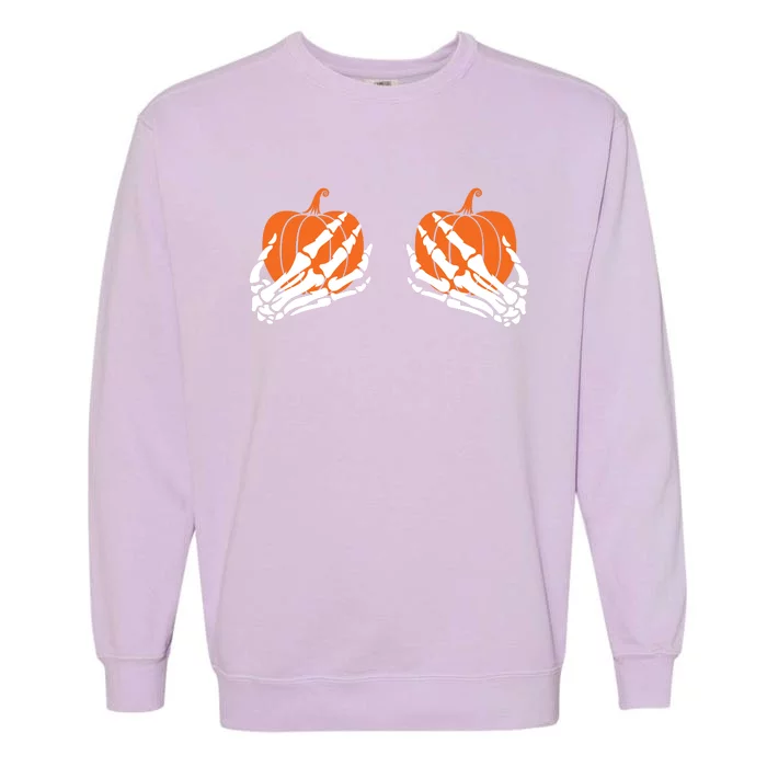 Funny Halloween Skeleton Hands On Chest Pumpkin Boobs Garment-Dyed Sweatshirt