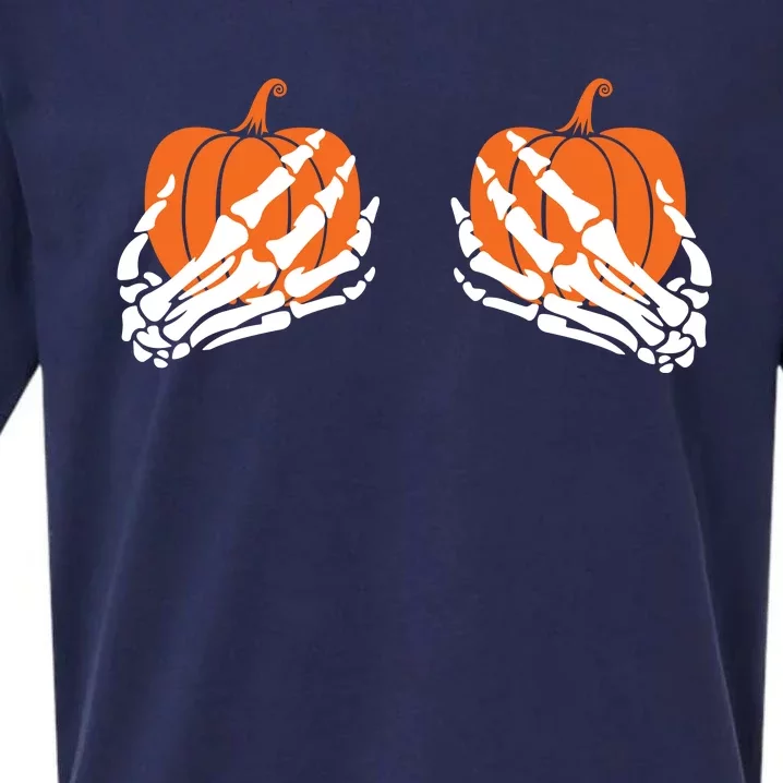 Funny Halloween Skeleton Hands On Chest Pumpkin Boobs Sueded Cloud Jersey T-Shirt