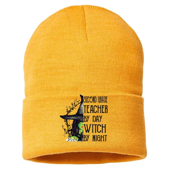 Funny Halloween Second Grade Teacher By Day Witch By Night Gift Sustainable Knit Beanie