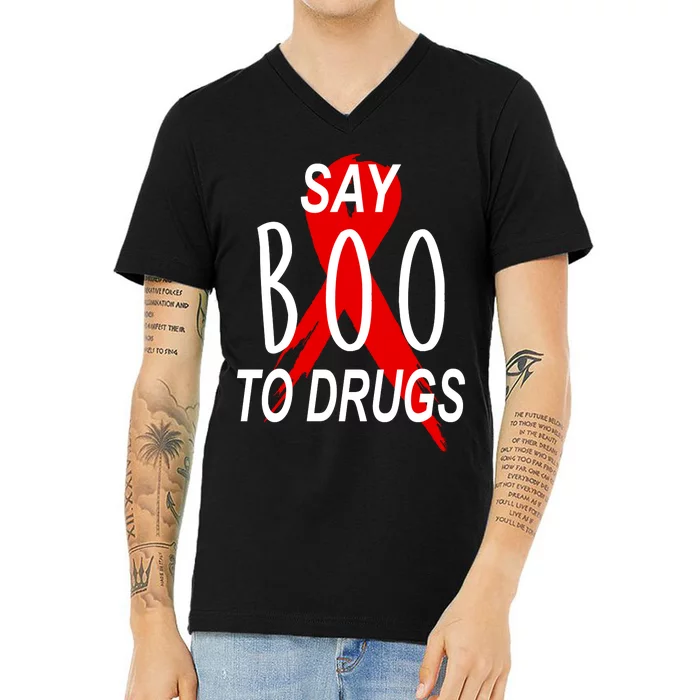 Funny Halloween Say Boo To Drugs Awareness Red Ribbon V-Neck T-Shirt