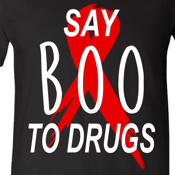 Funny Halloween Say Boo To Drugs Awareness Red Ribbon V-Neck T-Shirt