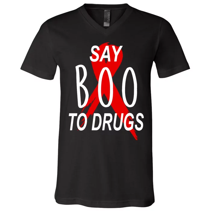 Funny Halloween Say Boo To Drugs Awareness Red Ribbon V-Neck T-Shirt