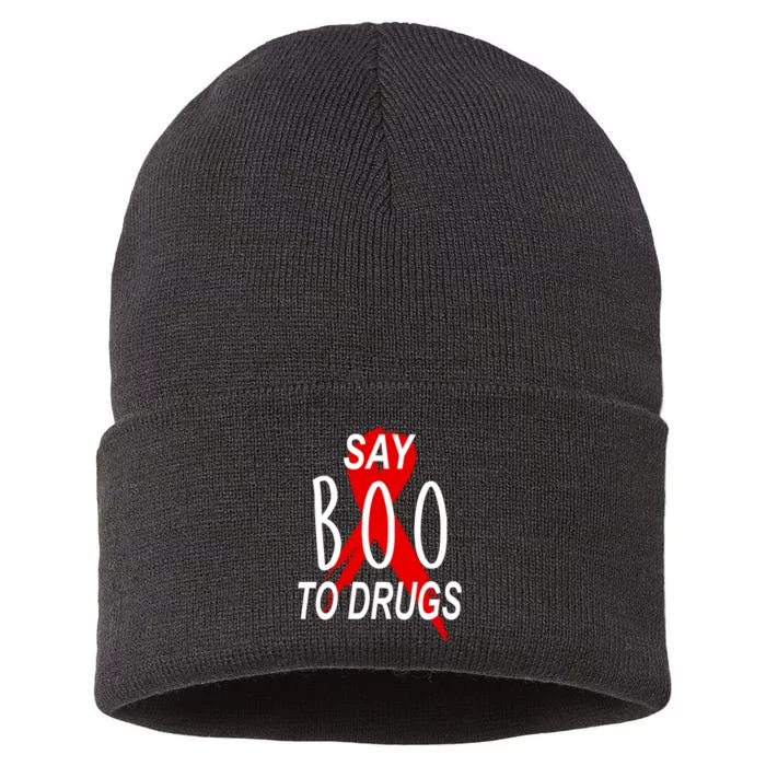 Funny Halloween Say Boo To Drugs Awareness Red Ribbon Sustainable Knit Beanie