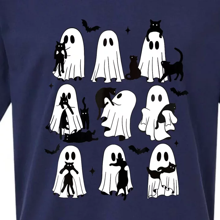 Funny Halloween Spooky Season Ghost Holding A Black Cat Lazy Gift Sueded Cloud Jersey T-Shirt