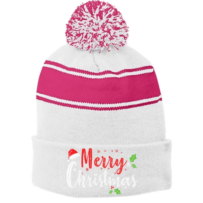 Festive Holiday Season Gathering Stripe Pom Pom Beanie