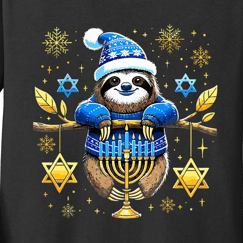 Funny Hanukkah Sloth Jewish Chanukah Sleeping Hanukkah PJs Kids Long Sleeve Shirt