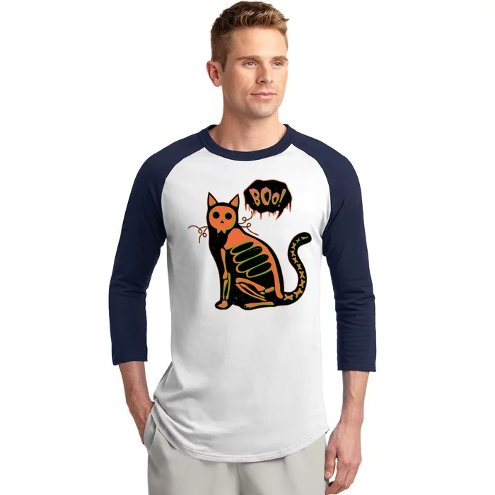 Funny Halloween Skeleton Cat Baseball Sleeve Shirt