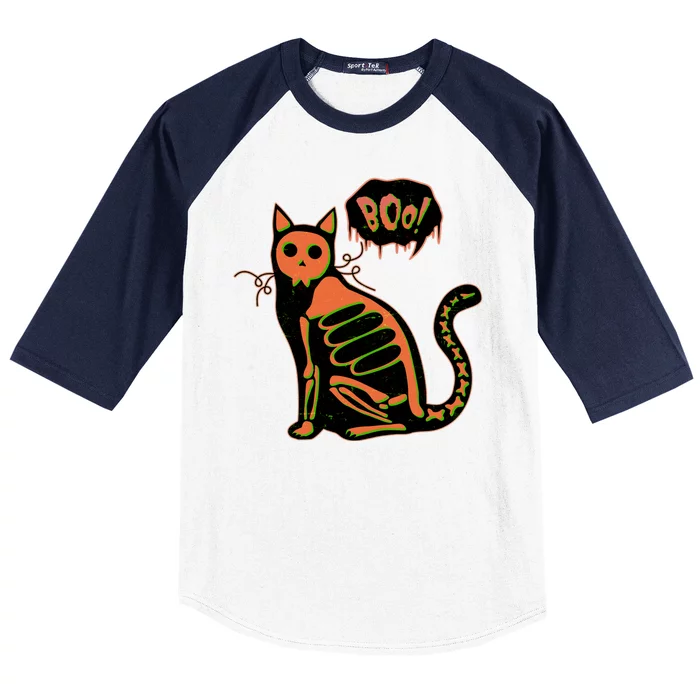 Funny Halloween Skeleton Cat Baseball Sleeve Shirt