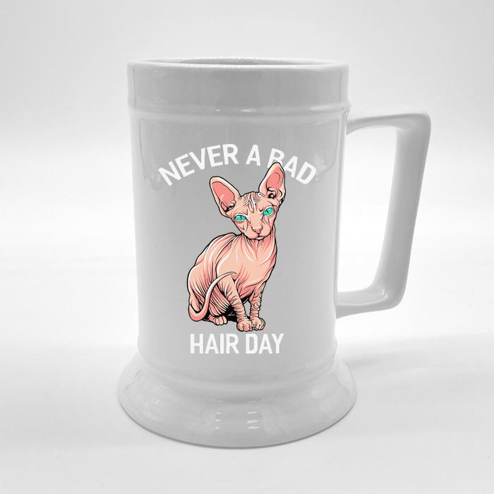 Funny Hairless Sphynx Cat Feline Bald Never A Bad Hair Day Front & Back Beer Stein