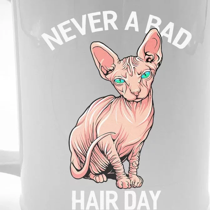 Funny Hairless Sphynx Cat Feline Bald Never A Bad Hair Day Front & Back Beer Stein