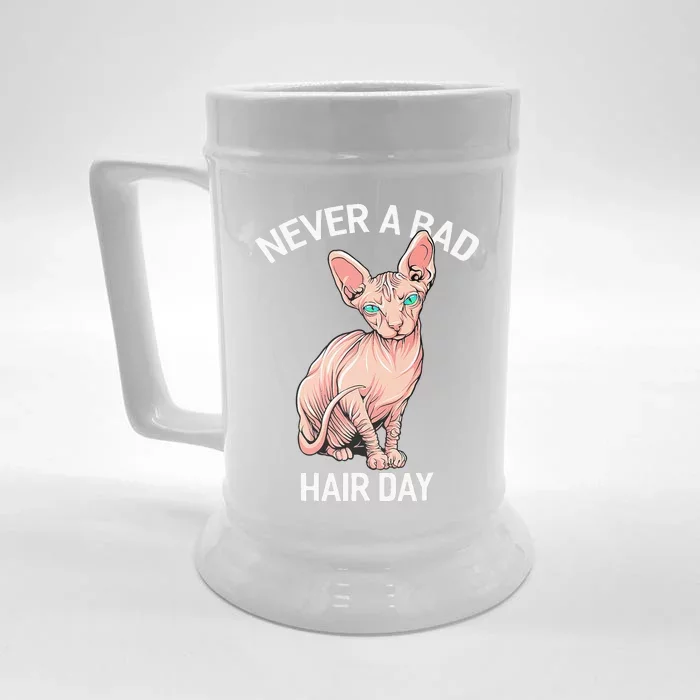 Funny Hairless Sphynx Cat Feline Bald Never A Bad Hair Day Front & Back Beer Stein