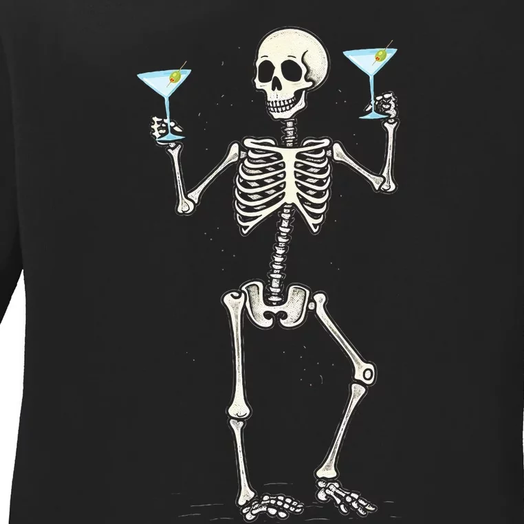 Funny Halloween Skeleton Drinking Martini Cocktail Ladies Long Sleeve Shirt