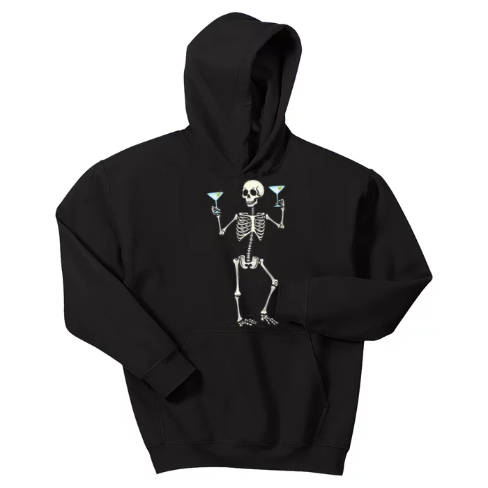 Funny Halloween Skeleton Drinking Martini Cocktail Kids Hoodie