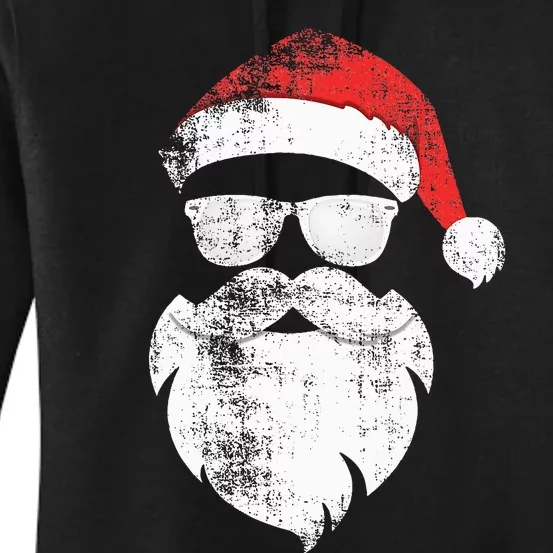 Funny Hipster Santa Face With Hat Beard & Glasses Christmas Women's Pullover Hoodie