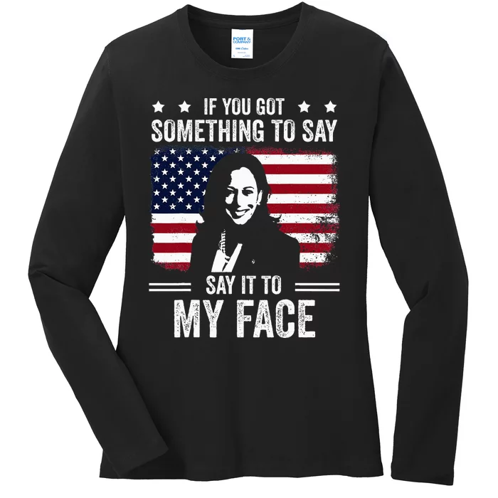 Funny Harris Tells Trump Say It To My Face Challenges Trump Ladies Long Sleeve Shirt