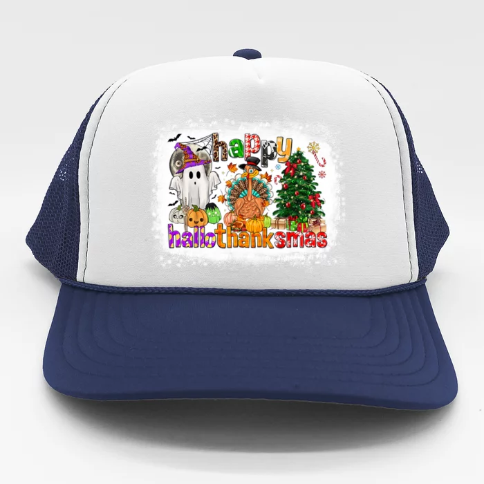 Funny Halloween Thanksgiving Christmas Happy Hallothanksmas Gift Trucker Hat