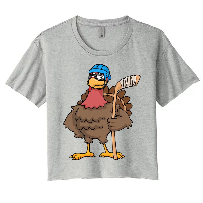 Funny Hockey Thanksgiving Turkey Hockey Player Costume Gift Women's Crop Top Tee