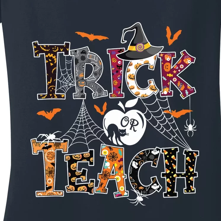 Fall Holiday Themed Thanksgiving Halloween Teacher Trick Or Women's V-Neck T-Shirt