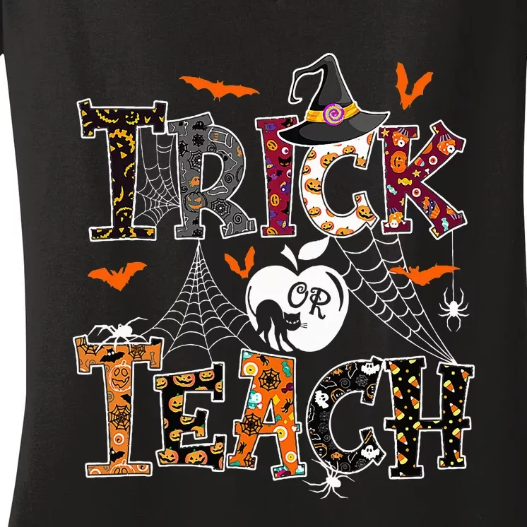 Fall Holiday Thanksgiving Halloween Teacher Trick Or Teach Women's V-Neck T-Shirt