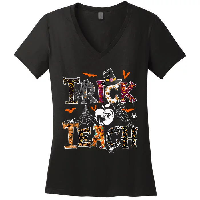 Fall Holiday Thanksgiving Halloween Teacher Trick Or Teach Women's V-Neck T-Shirt