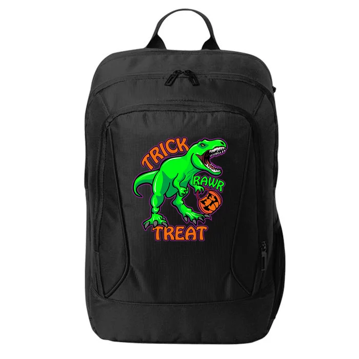 Funny Halloween Trick Rawr Treat TRex Dinosaur With Pumpkin Funny Gift City Backpack