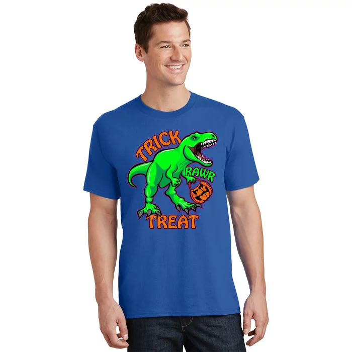 Funny Halloween Trick Rawr Treat TRex Dinosaur With Pumpkin Funny Gift T-Shirt