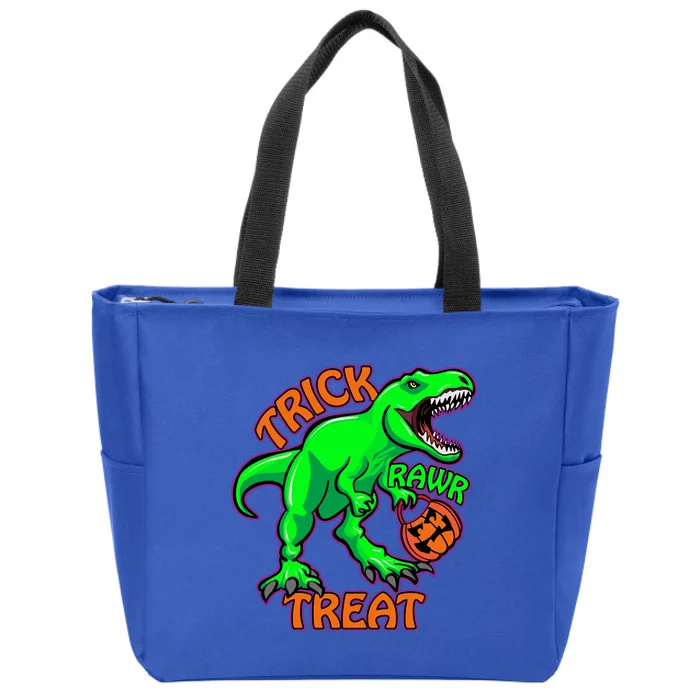 Funny Halloween Trick Rawr Treat TRex Dinosaur With Pumpkin Funny Gift Zip Tote Bag