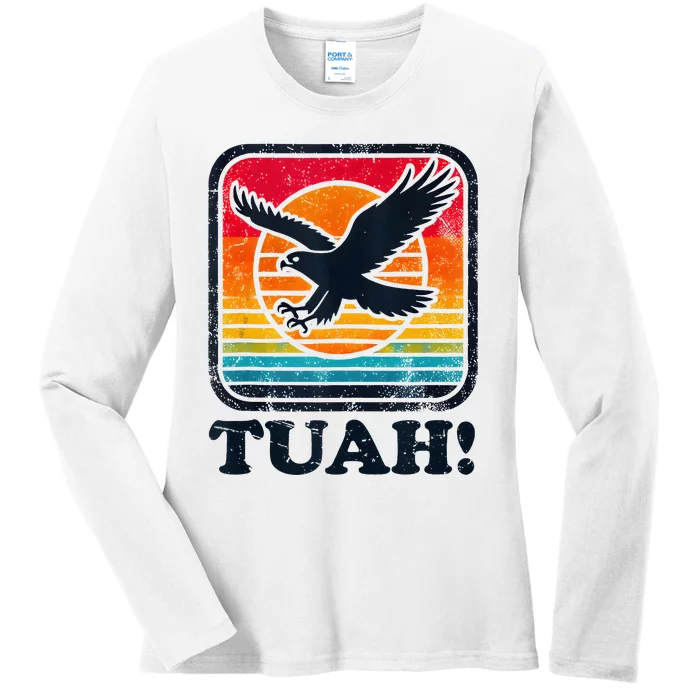 Funny Hawk Tuah Tush Camping Hiking Ladies Long Sleeve Shirt