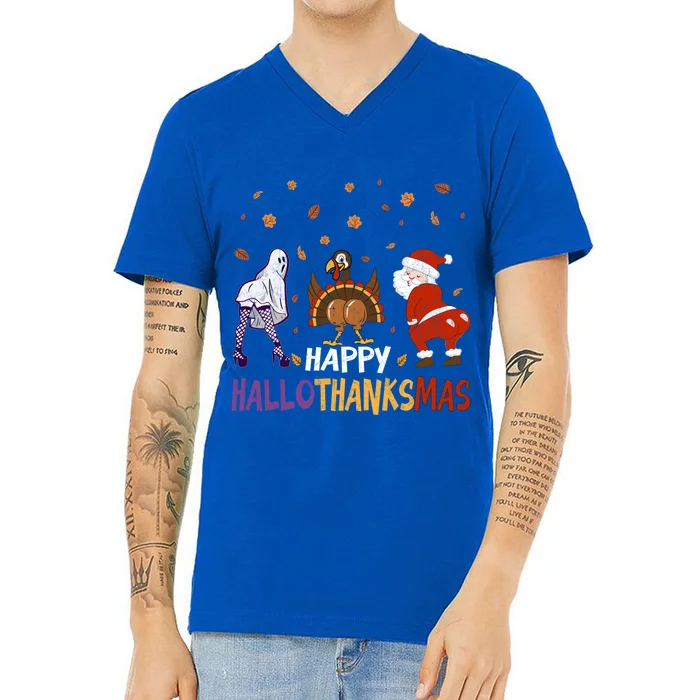 Funny Halloween Thanksgiving Christmas Happy Hallothanksmas Gift V-Neck T-Shirt