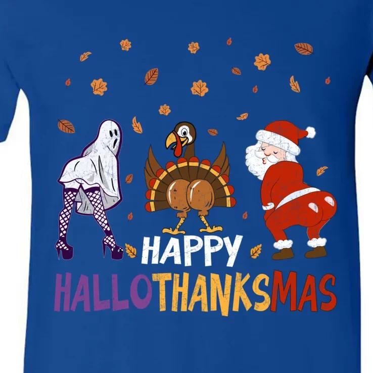 Funny Halloween Thanksgiving Christmas Happy Hallothanksmas Gift V-Neck T-Shirt