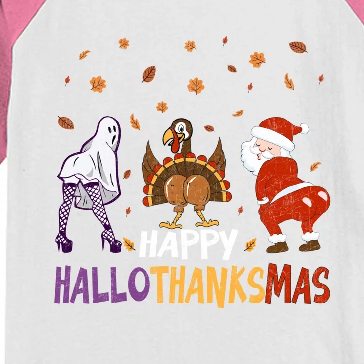 Funny Halloween Thanksgiving Christmas Happy Hallothanksmas Gift Kids Colorblock Raglan Jersey