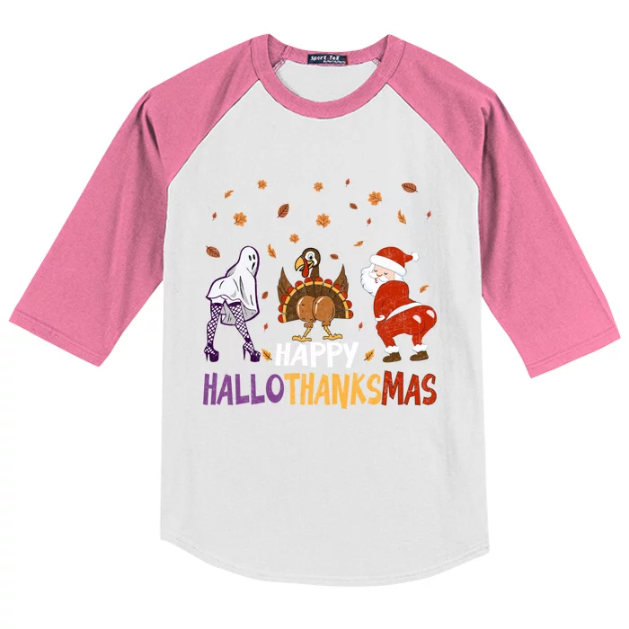 Funny Halloween Thanksgiving Christmas Happy Hallothanksmas Gift Kids Colorblock Raglan Jersey