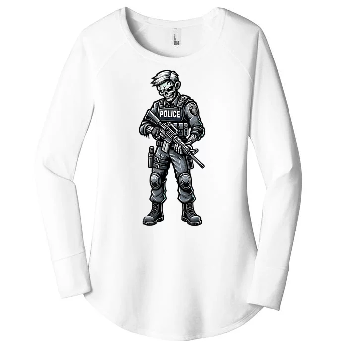 Fun Halloween Tactical Zombie Creepy Police Officer Costume Women's Perfect Tri Tunic Long Sleeve Shirt