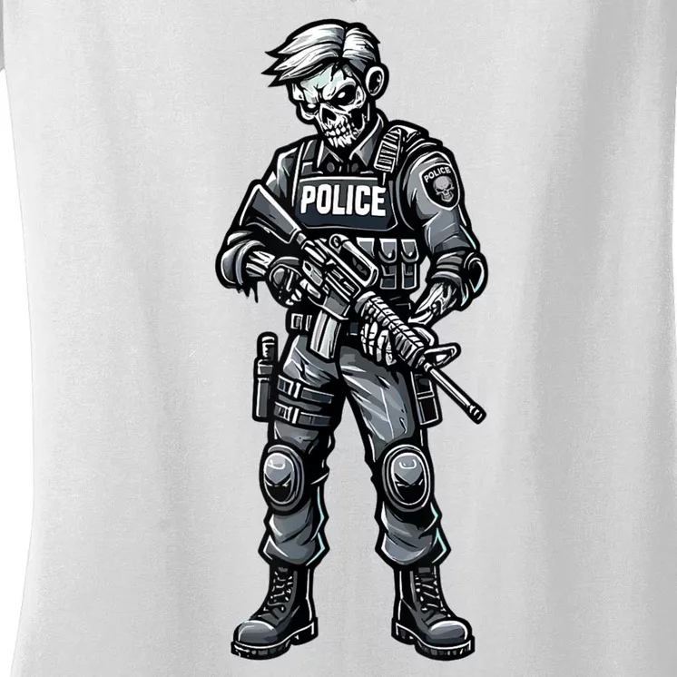 Fun Halloween Tactical Zombie Creepy Police Officer Costume Women's V-Neck T-Shirt